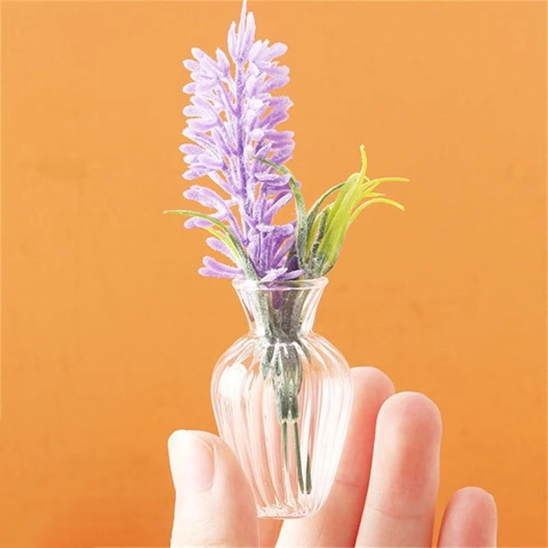 Jarrones de lavanda en miniatura para casa de muñecas, macetas de flores de plantas en maceta, modelo de bonsái para casa de muñecas, jardín, decoración del hogar, juguetes para niños, regalo, 1:12