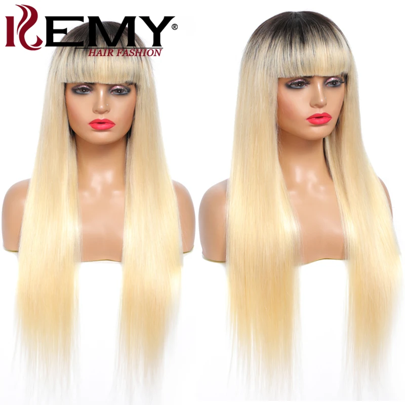 

Brazilian Straight Human Hair Wig With Bangs 1B/613 Ombre Blonde Colored Bangs Wig Remy Hair Fringe Wigs For Black Women 150%