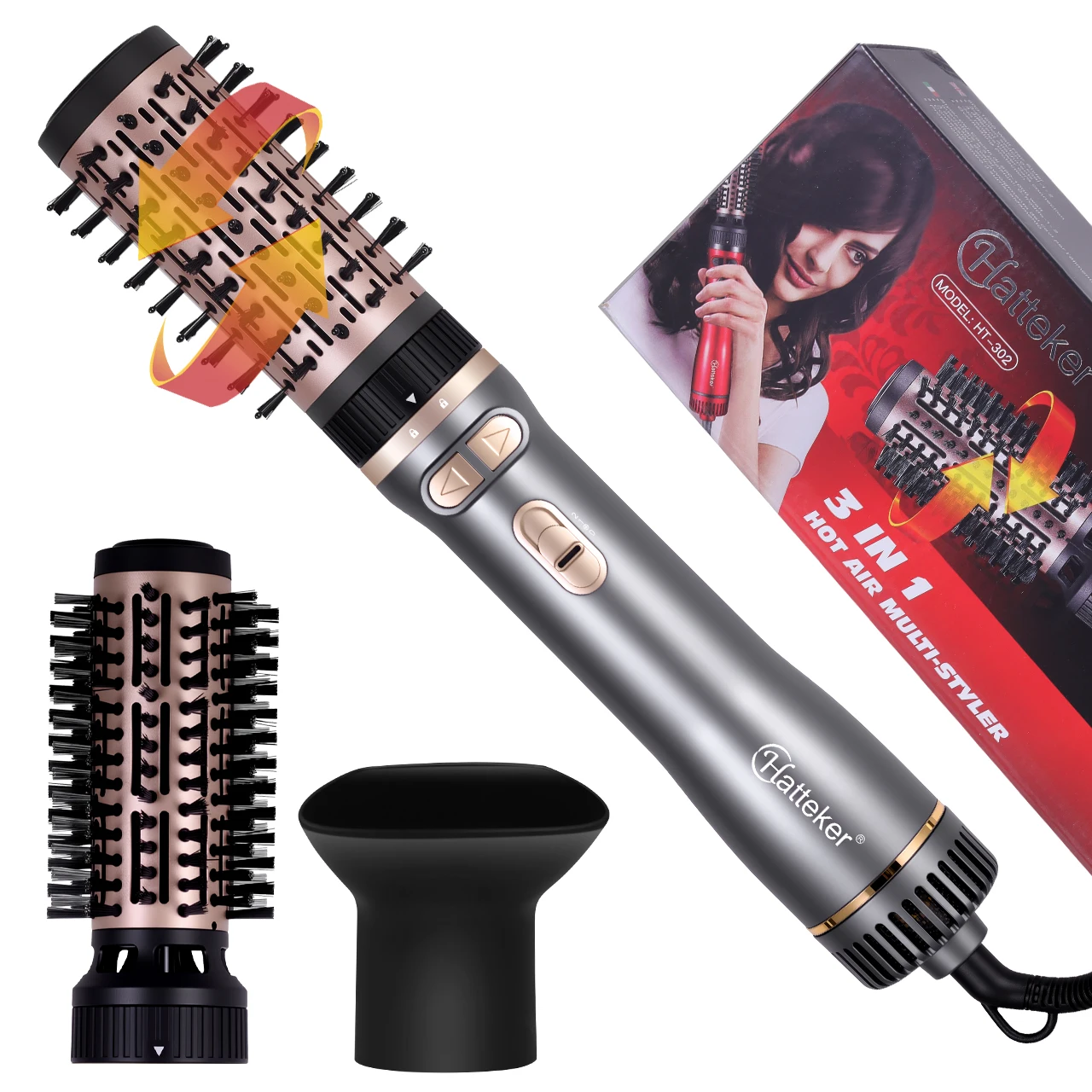 Hatteker EU Cepillo de Aire Caliente de 3 Cabezales, Secador de Pelo, Alisador Eléctrico de Viento Fuerte, Rizador, Peine Enrollador, Soplador, Herramienta de Peinado para Mujeres