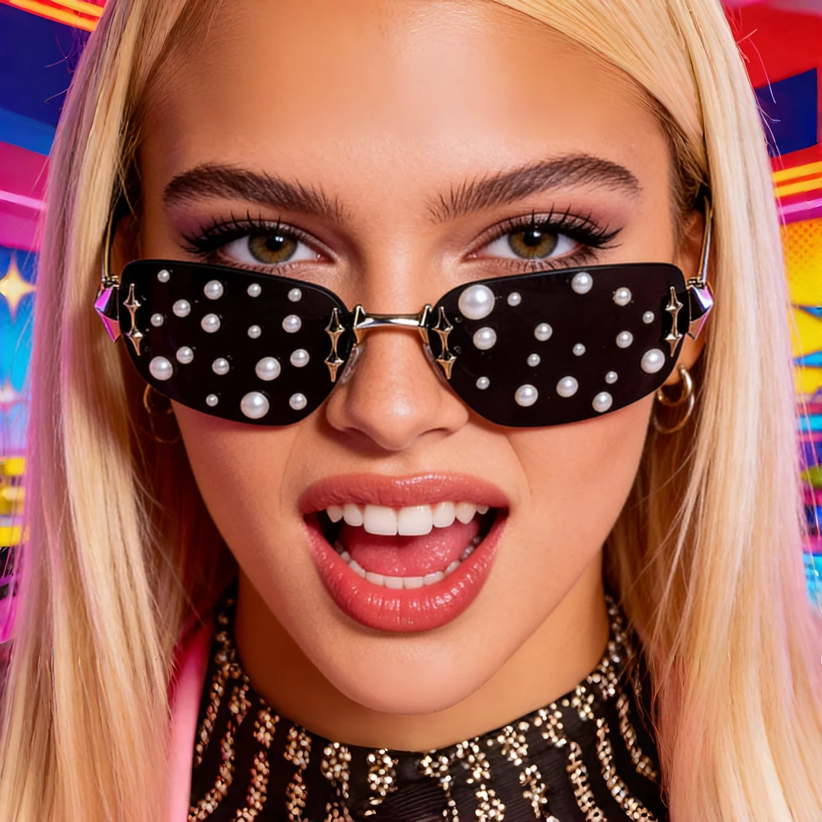 

Винтажные солнцезащитные очки Y2K без оправы с жемчужными вставками и горошком для женщин, крутые панк-очки с металлическими дужками, модные, с защитой UV400, для вечеринок и уличного стиля