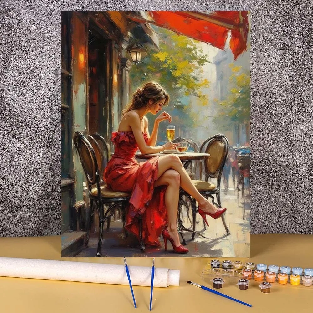 

Paint By Number Red Dress Girl Acrylic Painting Art Number Drawing On Canvas Gift DIY Street Scenery Picture Kit Home Wall Decor