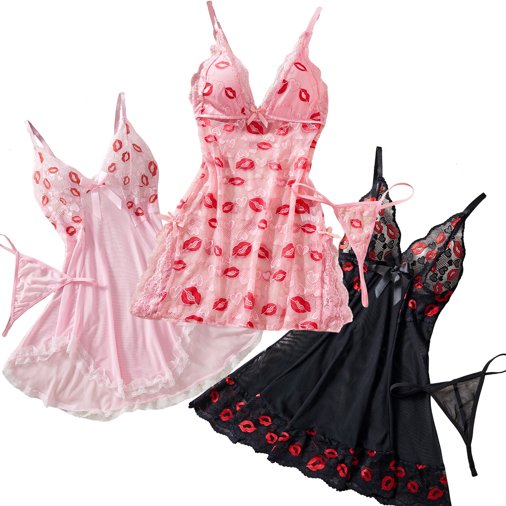 Sexy Sling Nightdress Lace Patchwork Elegant Lingerie Transparent Temptation Nighties For Women Pajama Red Lip Print Mini Dress