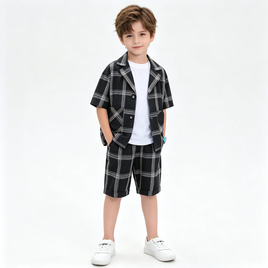 

Boys Plaid Short Sleeve Suit Summer Teen Kids Casual Blazer Shirt Shorts for Party Birthday School Streetwear Outfit Set 4-14 Y
