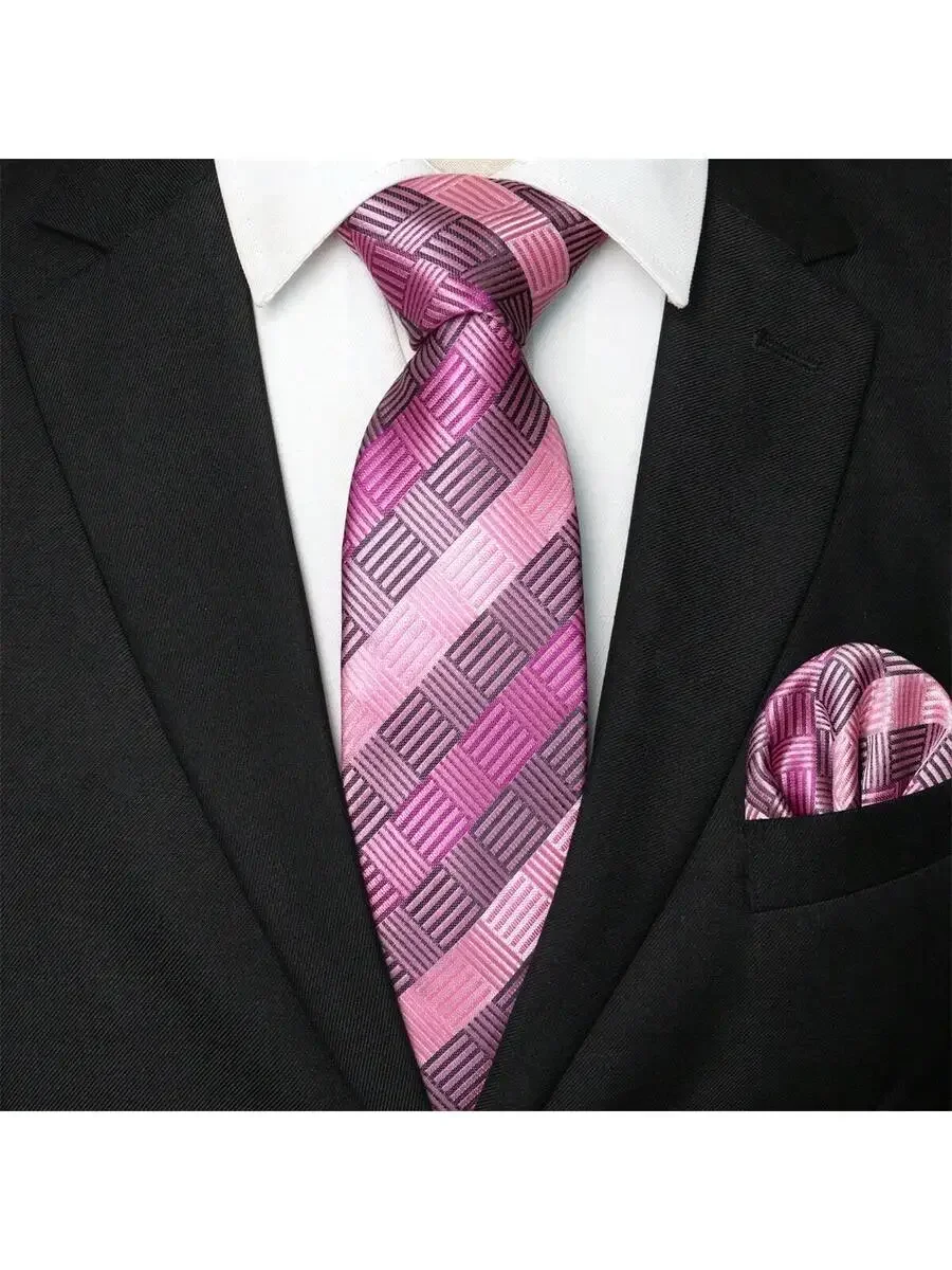 

Mens Pink Plaid Striped Tie And Pocket Square Set For Business Wedding