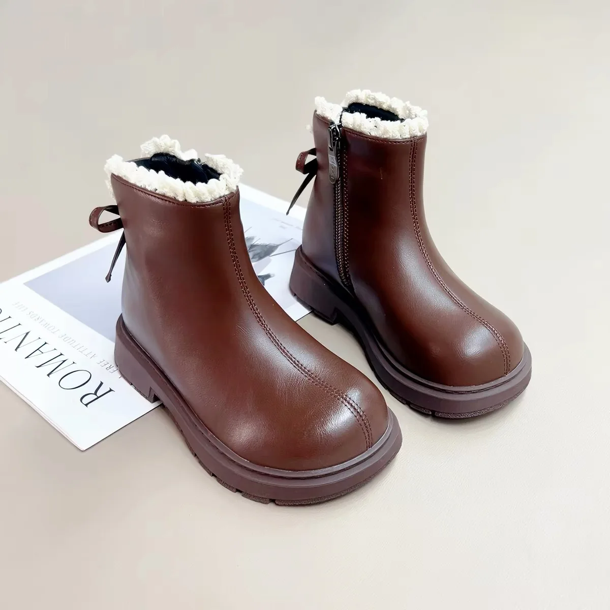 Kids'Snow Boots PU Leather Bow Winter Fashion Outdoor Thick Bottom Shoes For Children Warm Anti-slip Black Brown Size 26-37