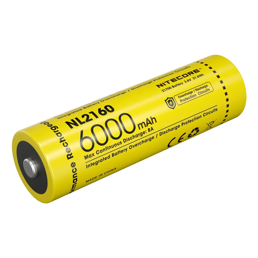 Original NITECORE NL2160 6000mAh 8A 3.6V 21.6Wh 21700 Protected Li-ion ButtonTop Rechargeable Battery IPX6 Rating Outdoor 1Piece