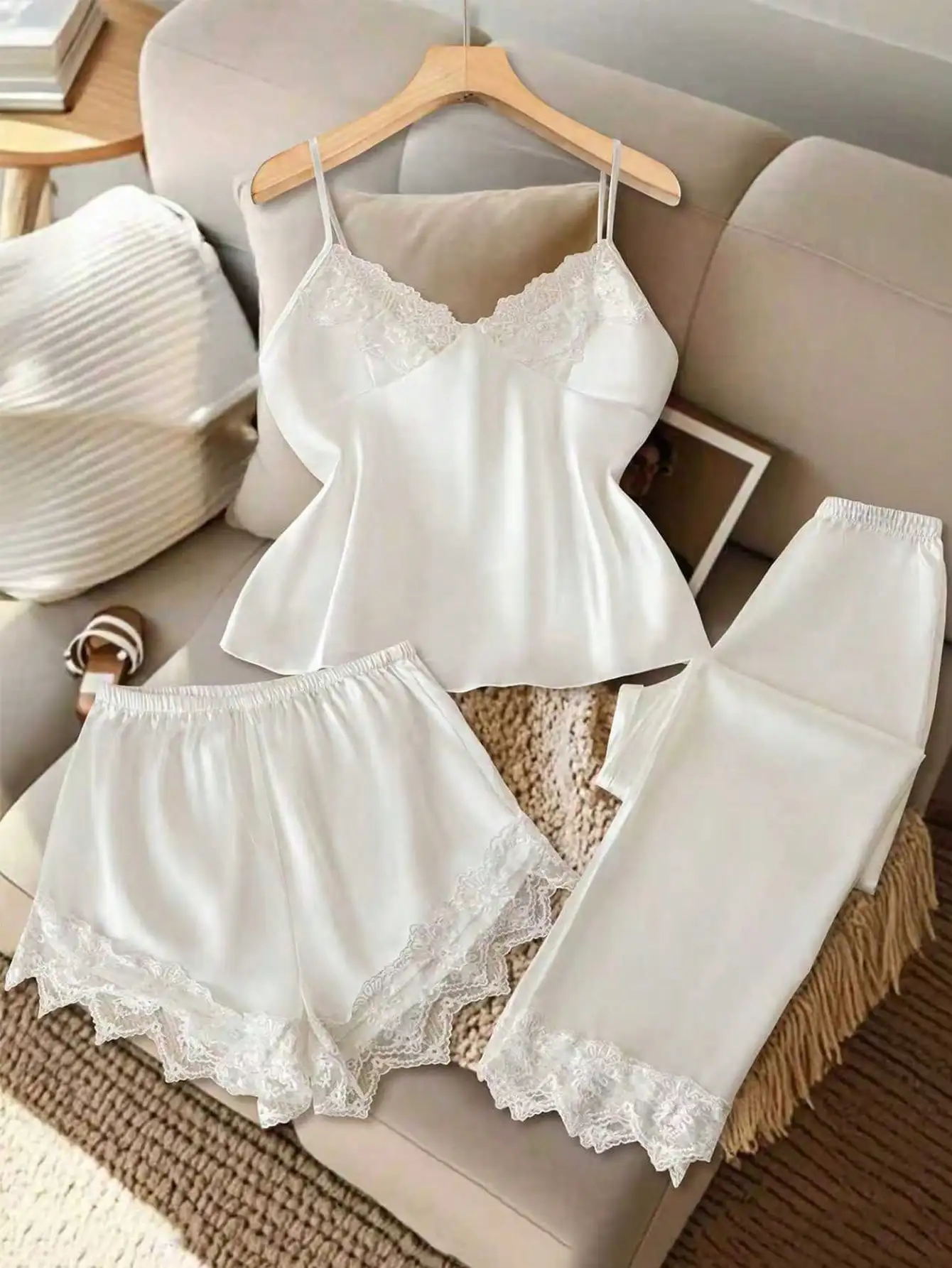 

White Lace Trim Spaghetti Strap Pajama Set with Shorts and Pants