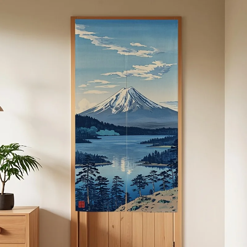 VIKAMA Japanischer Ukiyo-e Türvorhang im Mount-Fuji-Stil, lochfreier Raumteiler für Teeraum, Eingangsbereich, Flur, Sichtschutz