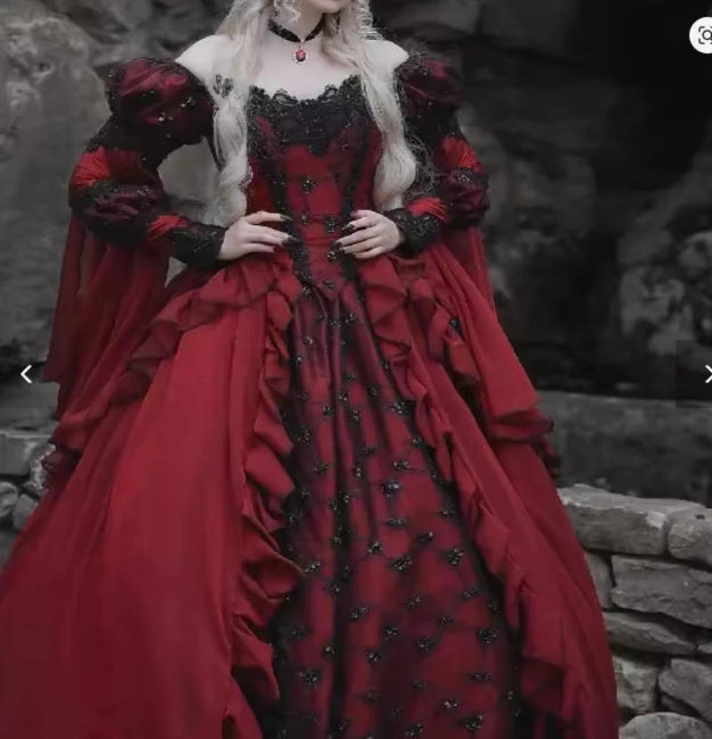 Robe de bal gothique médiévale rouge foncé avec robe de mariée princesse Renaissance noire, Costume de fée elfique personnalisé
