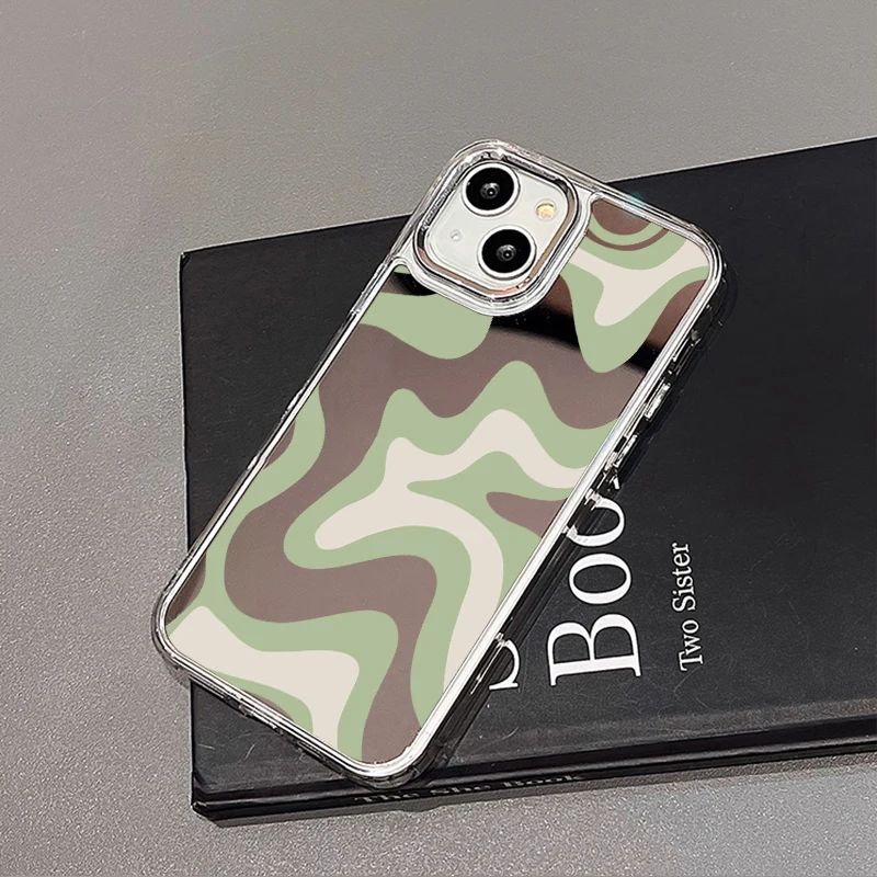 Wavy Pattern Painted Case For iPhone 14 Funda Makeup Mirror Cases For iPhone 15 11 14 12 13 Pro Max X XR XS Max Shockproof Cover