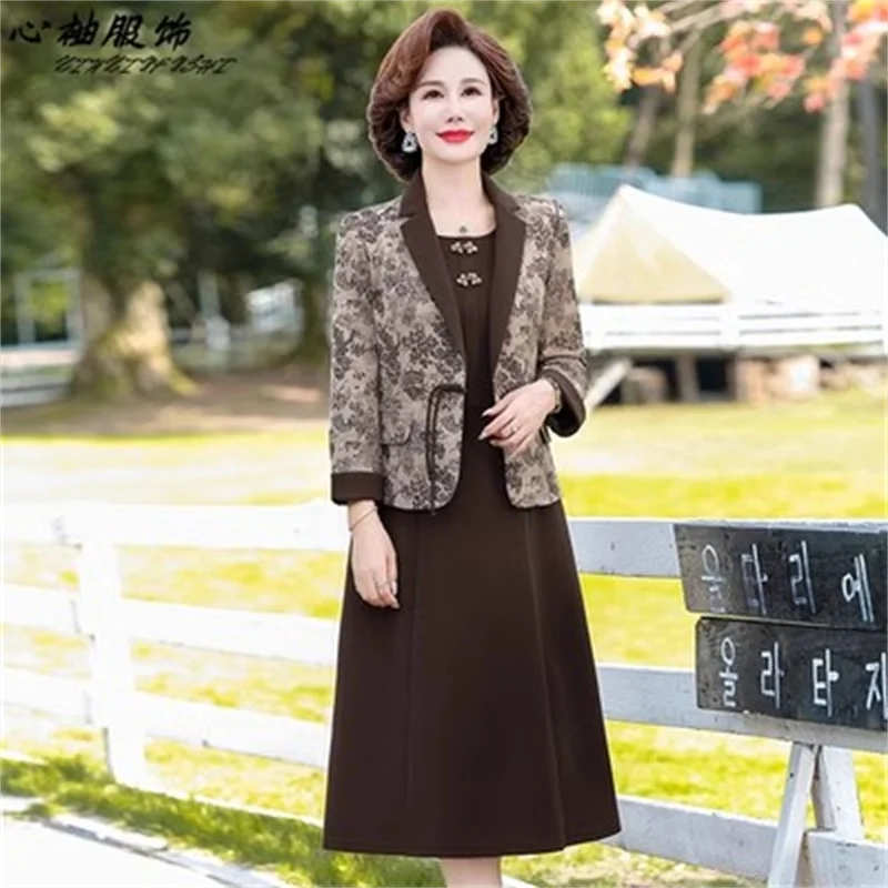 

2024 New Mom Autumn Style Set Skirt For Middle Aged And Elderly Spring And Autumn Seasons Print Flower Blazer+Dress Two Piece Se