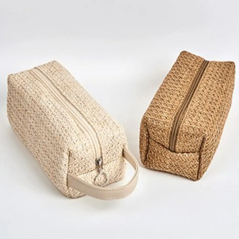 حقيبة أقلام رصاص حقائب مكياج عصرية بلون سادة ذات سعة كبيرة حقيبة أدوات الزينة مربعة محمولة منسوجة للنساء #1