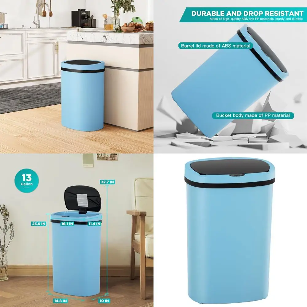 

13-Gallon Blue Automatic Touch Lid Trash Can with Motion Sensor - Waterproof Kitchen, Home, or Bathroom Bin