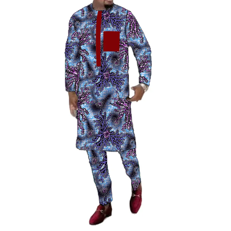 قمصان مزينة بجيب أحمر + بنطلون طقم أزياء أفريقي للرجال تصميم أصلي طباعة مخصصة اتجاهات نيجيرية ملابس الحفلات #4