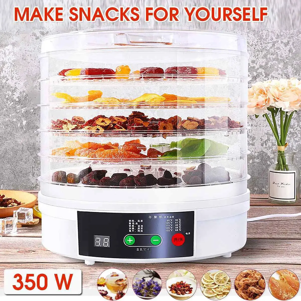 5 Tray Electric Food Dehydrator Snack Fruit Dryer Home Use Multifunctional Kitchen Meat Beef Dryer Veg Preserver Machine 350W