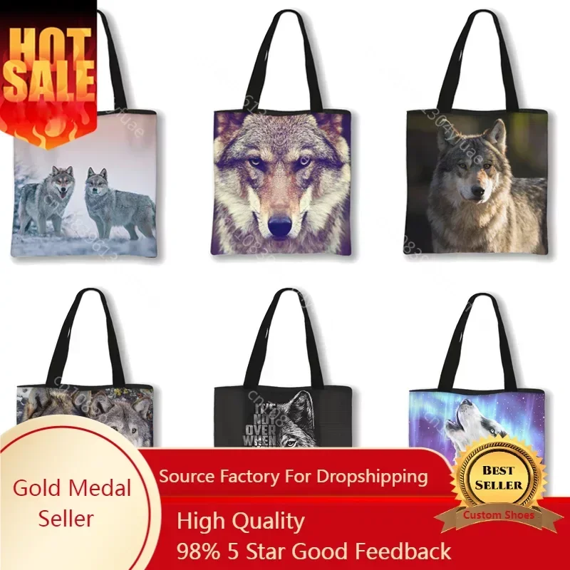 Cool Wild Animal Wolf Print Shoulder Bags Women Handbags Eco Reusable Shopping Bag School Large Capacity bookbag tote bag