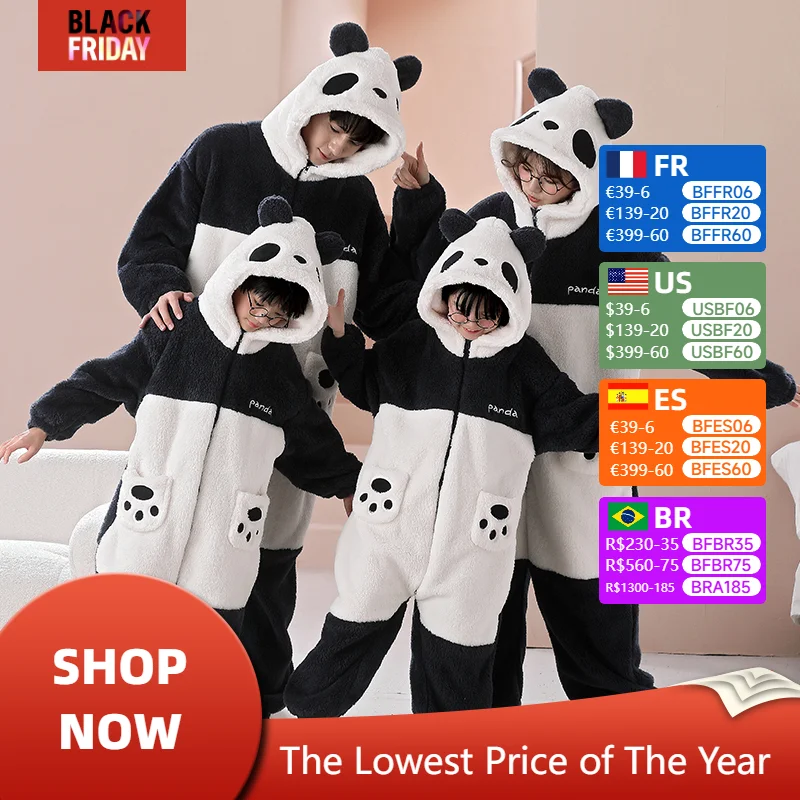 Parent-Child Outfit Pijamas Jumpsuits Kawaii Cartoon Panda Women Men Sleepwear Hoodies Winter Thicken Pajamas Onesie Pyjamas