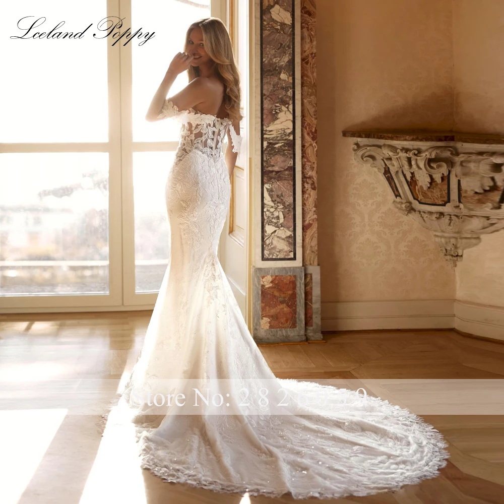 Lceland Poppy Customized Sexy Lace Mermaid Wedding Dresses Illusion Off the Shoulder Bridal Gowns with Removable Lace Jacket
