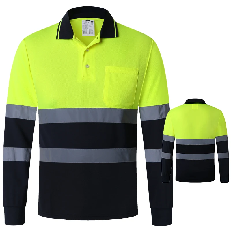 ANSI Class 2 Hi Vis Shirts Yellow Navy Long Sleeve Reflective Polo Shirt Safety Work Shirt for Construction Men