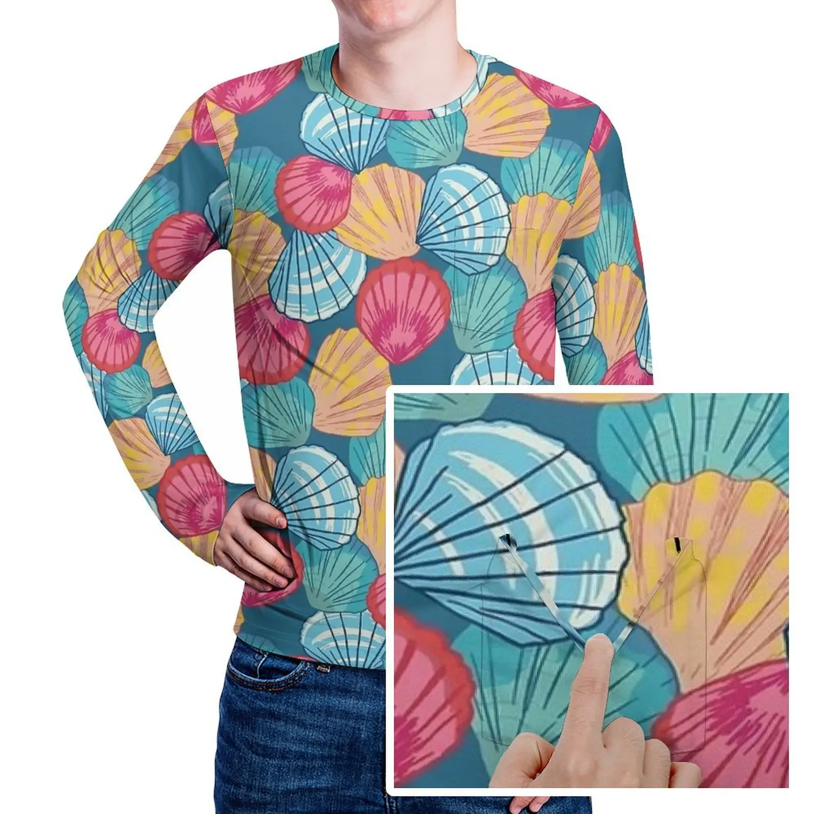 Sea Shells T-Shirt Colorful Print Hippie T-Shirts With Pocket Long Sleeve Graphic Tops Autumn Y2K Oversize Tees