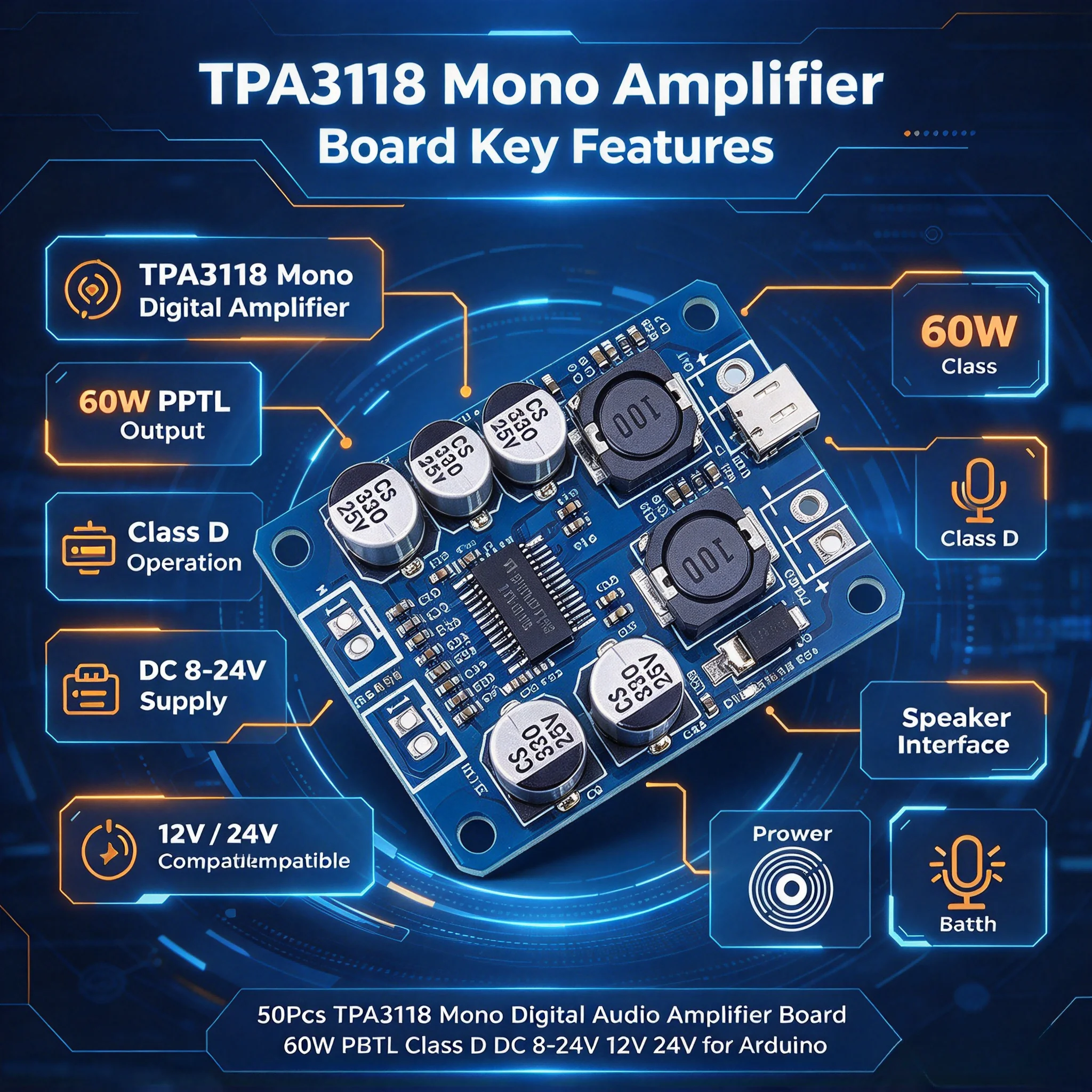 50Pcs TPA3118 60W Mono PBTL Class D Amplifier Board DC 8-24V 12V 24V