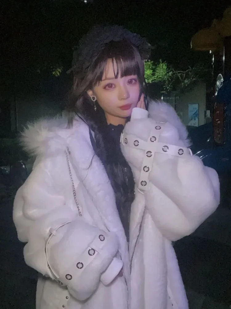 Vintage Solid Winter Y2k Aesthetic Jackets Grunge Pocket Fur Patchwork Loose Casual Hooded Coats Streetwear Women Harajuku Tops