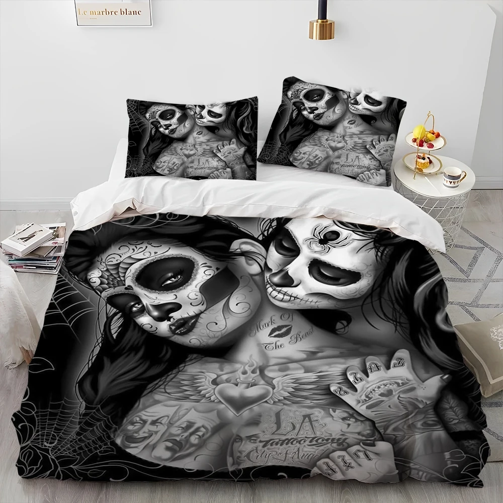 

3D Horror Gothic Female Skull Dead Girl Comforter Bedding Set,Duvet Cover Bed Set Quilt Cover Pillowcase,Queen Size Bedding Set