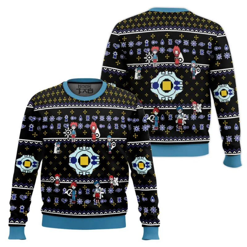

Autumn And Winter Round Neck Digimon Christmas Ugly Sweater Pixel Style Vintage Cartoon Fun Creative Festival Party Wear