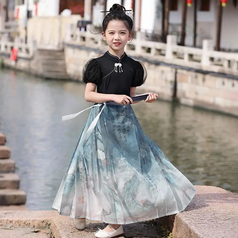 Qianli Jiangshan Ma Mian Skirt for Girls Spring and Autumn 2024 New Children's Hanfu Girls' Summer Clothing New Chinese Style