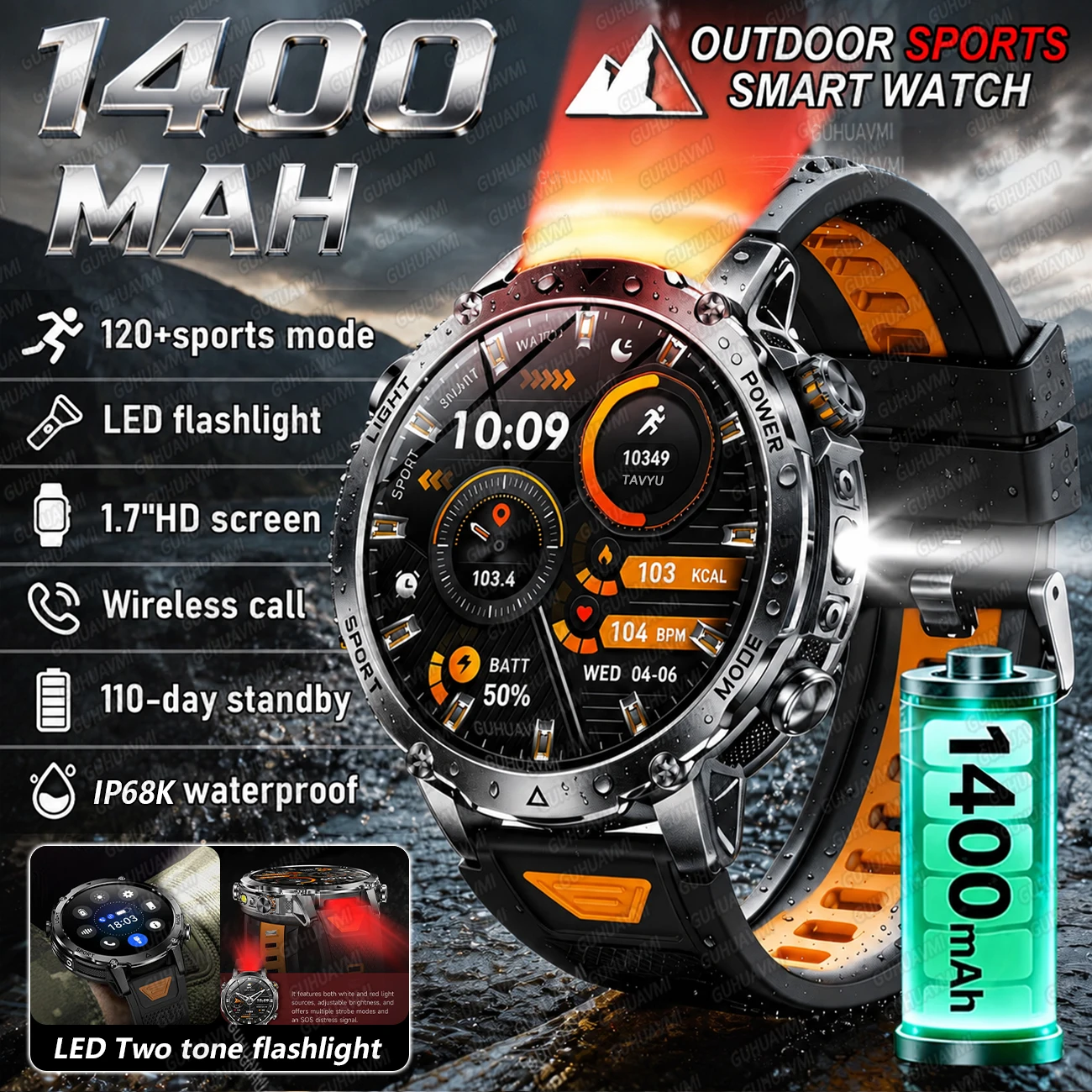 

2026 Outdoors Durable Men Sports Smart Watch 1400mAh Battery LED Flashlight IP68K Waterproof Bluetooth Call Military Smartwatchs