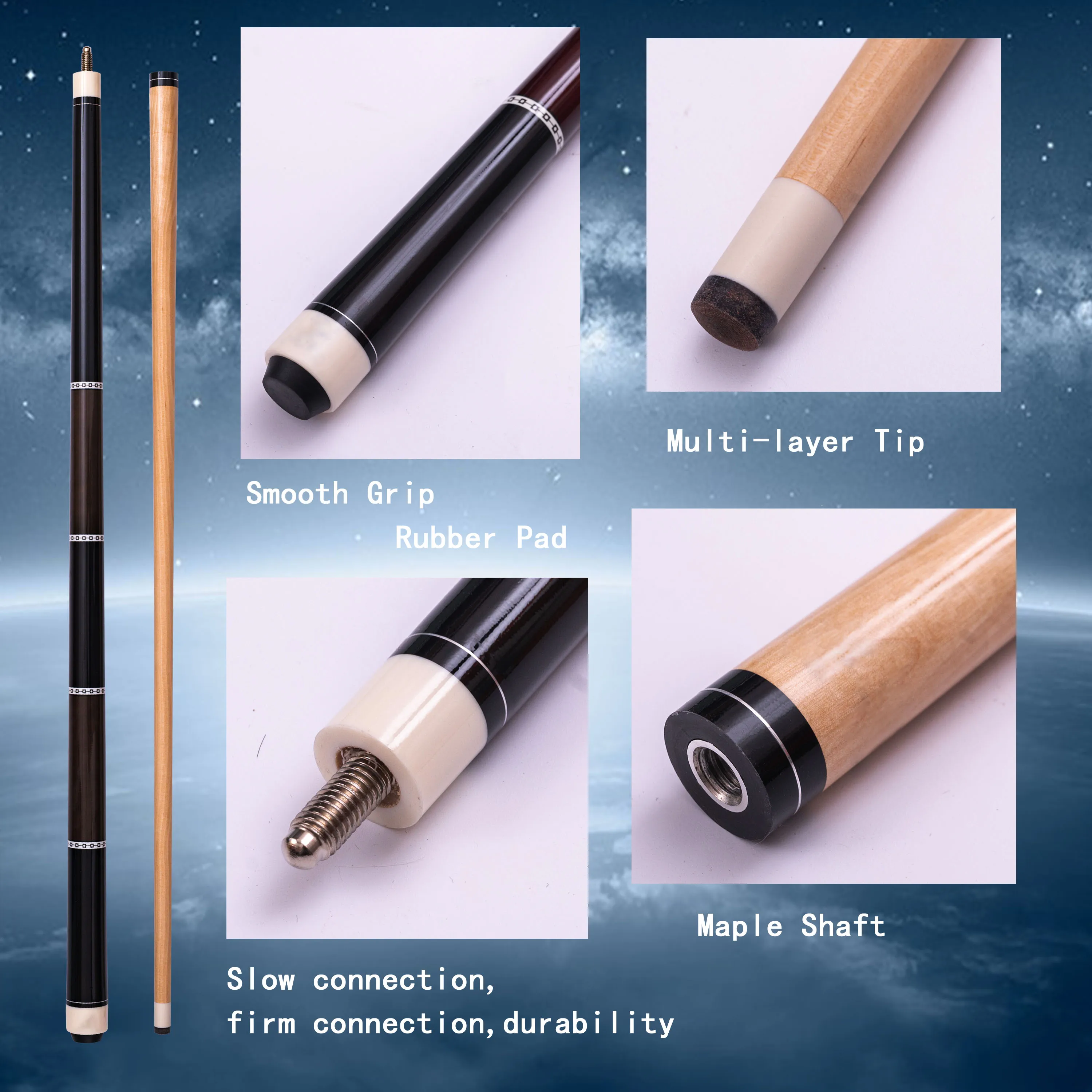 Luxury 13mm Low Deflection Pool Cue Multi Layer Tip Maple Wood Piano Gloss Handle Comfort Design