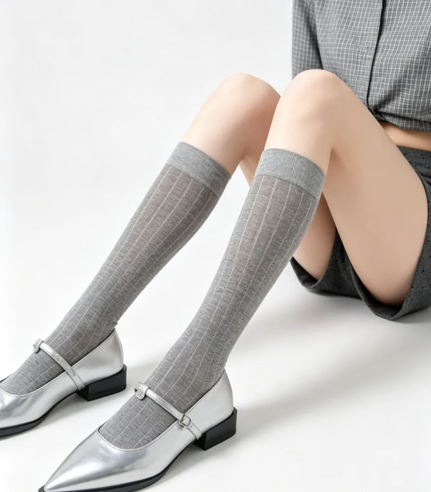 Ultra Thin Solid Grey Stacked Calf Socks For With Anti-Pilling Straight Heel Daily Wear Ladies, Vertical Stripe High Socks