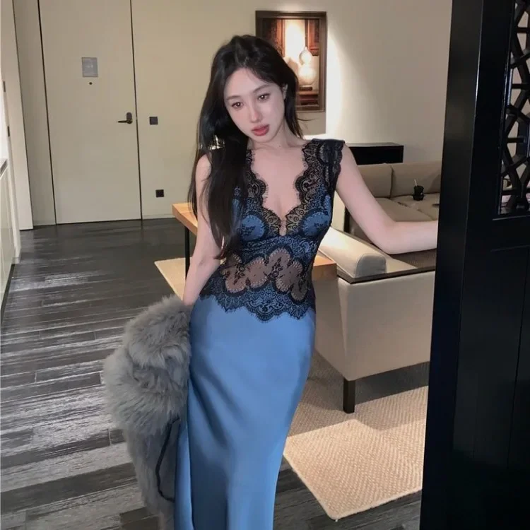 Vestido de Verano 2026 Sexy de Encaje para Mujer, Vestidos Ajustados Vintage de Moda con Cintura Delgada, Vestidos Y2K E-Girl de Longitud Media para Mujer