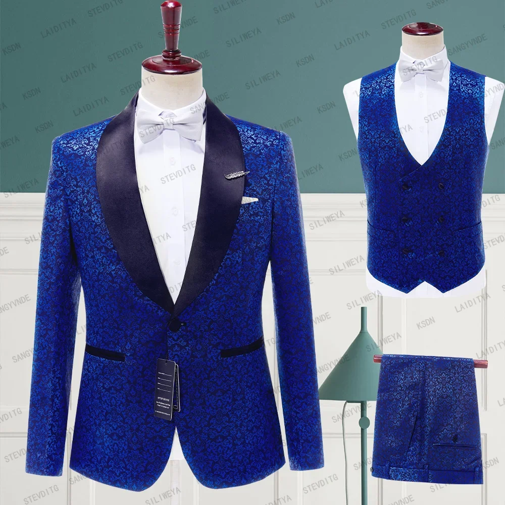 

New Fashion Groom Navy Blue Jacquard Satin Shawl Lapel Men Suit Wedding Party Groomsman Set Two Pieces（Jacket+Pant+Vest）