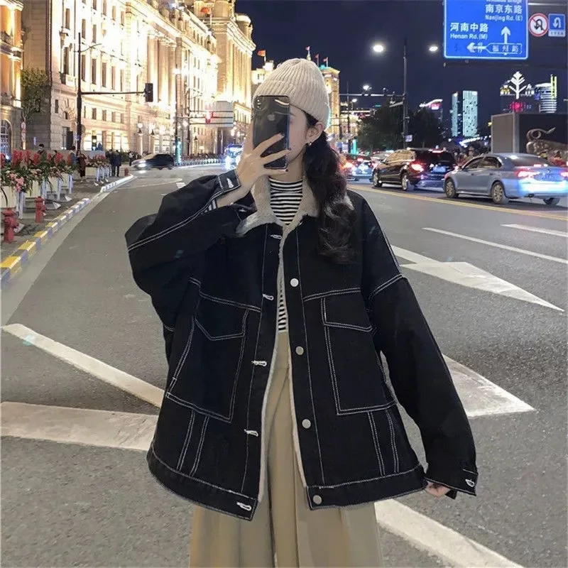 Mulheres denim casaco grosso lapela sólida jaquetas manga cheia único breasted y2k jaqueta solta base casacos bolsos casual inverno 2025