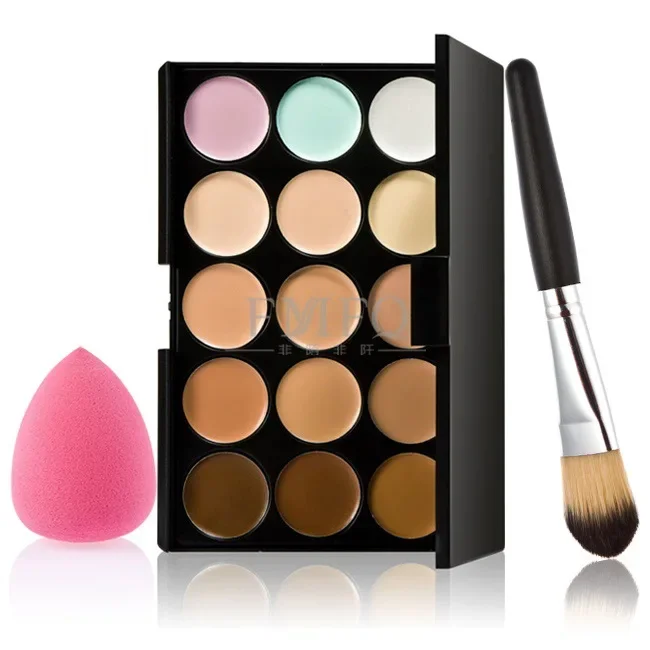 freeship 15 color Concealer Contouring Makeup Kit water puff super combination BRUSH Make up Set Pro Palette brush Sponge Puff