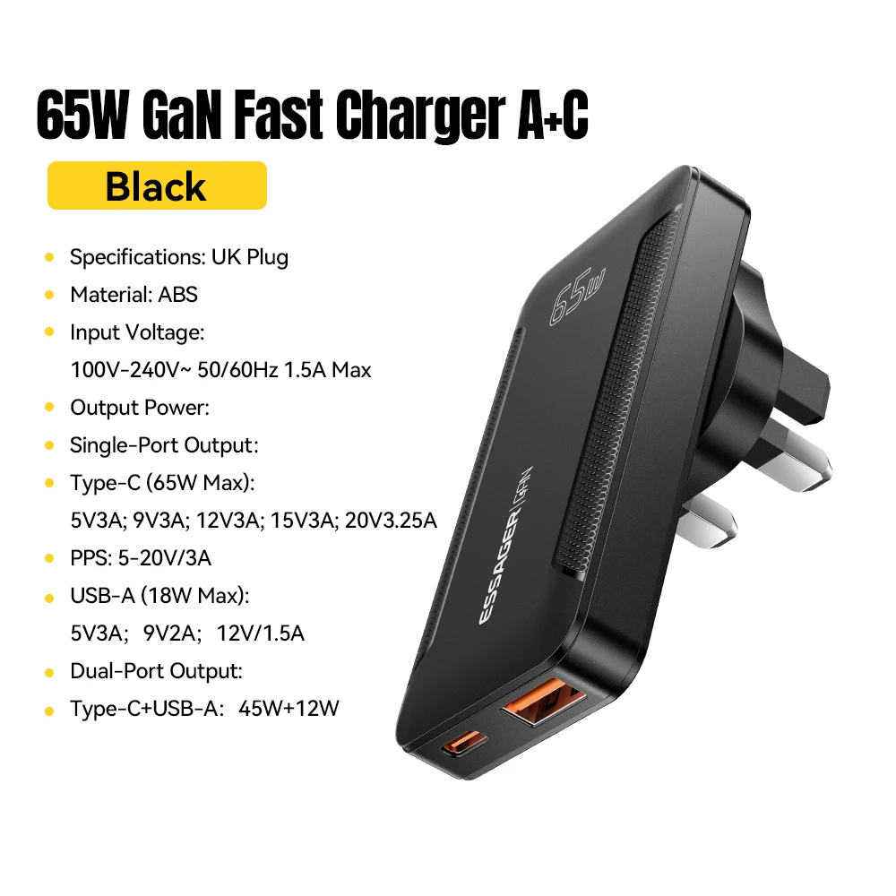 Essager Ultraflaches 65W GaN Pro Reiseladegerät Quick Charge 4.0 PD3.0 Tragbares Typ-C Ladegerät für iPhone 17 16 15 Samsung MacBook Laptop