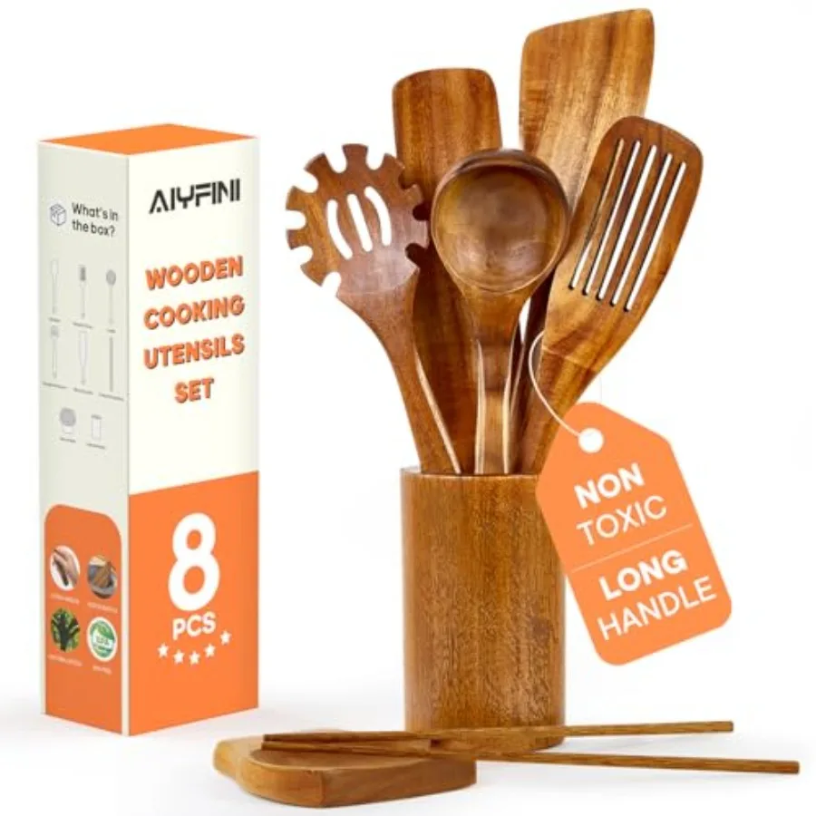 

Non-Toxic Wooden Kitchen Utensils Set, 15.4" Long Handle Wood Spatula for Cooking, Egg Flipper Fish Turner Spatula for Non Stic