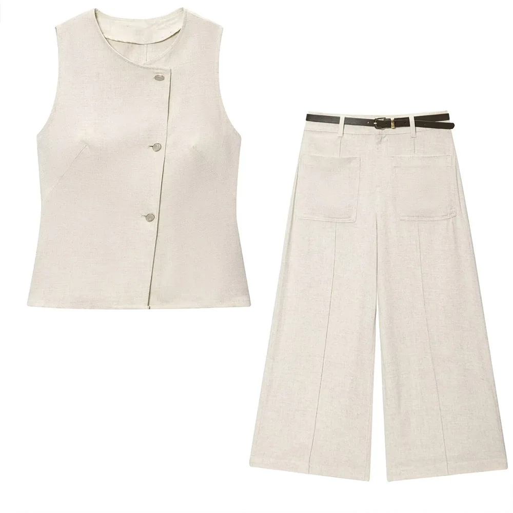 

2025 summer new fashion Hepburn European and American asymmetric design button linen double placket top