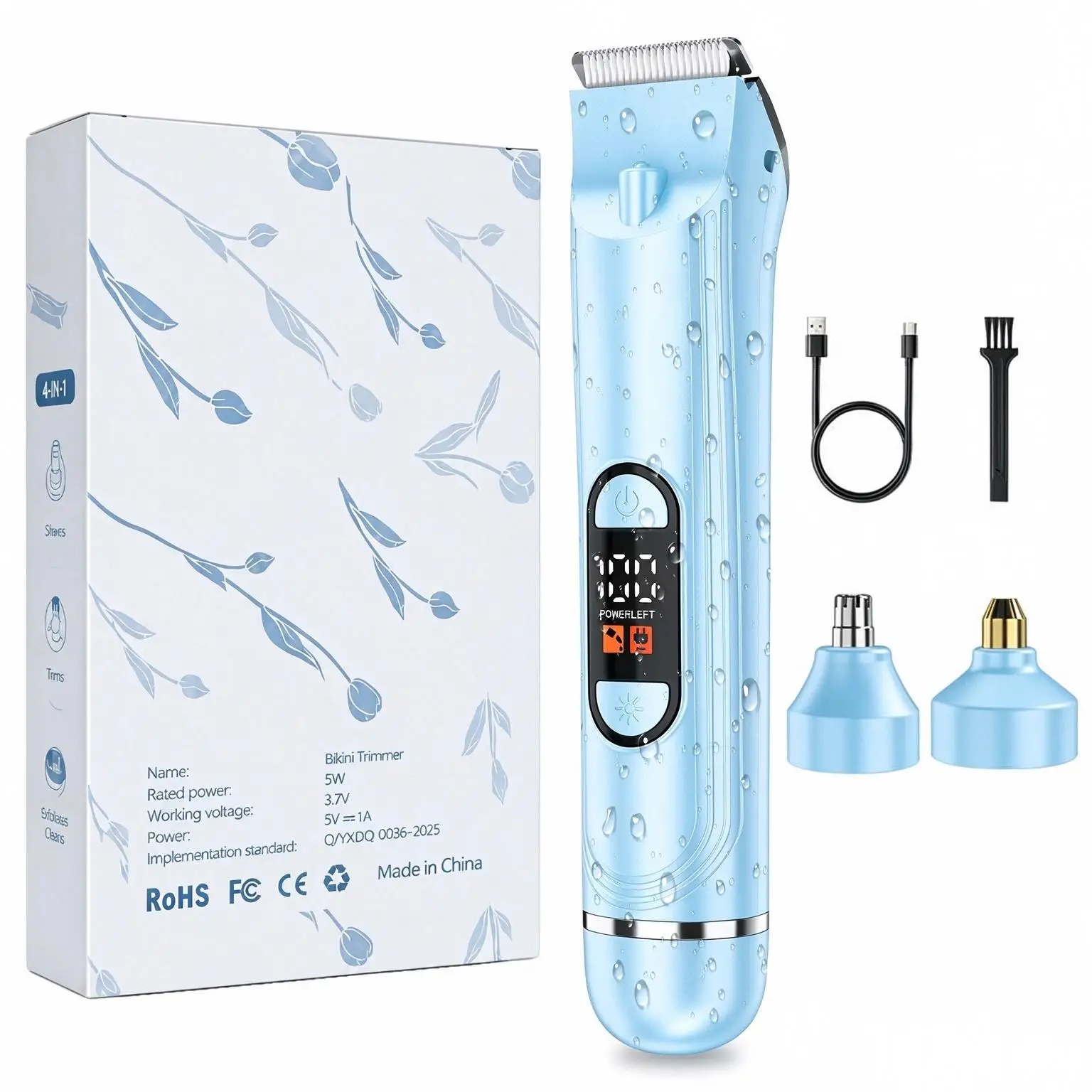 女性用4-in-1電動シェーバー、防水仕様、ビキニライン用トリマー、ledディスプレイ付き、充電式、全身・顔・脚・脇の下用、2つのヘッド