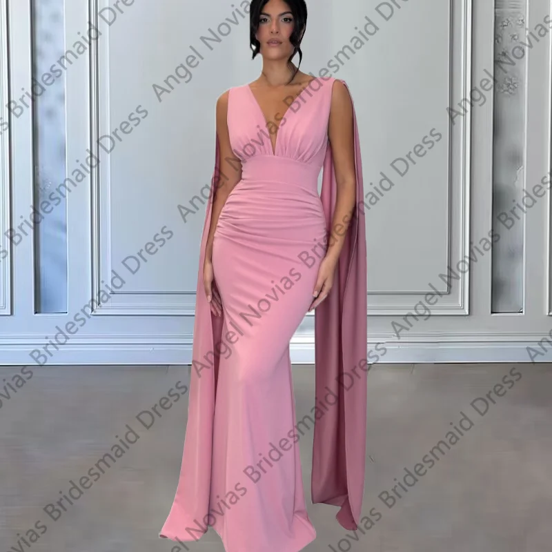 

Long Dusty Pink Mermaid Bridesmaid Dresses with Cape African Girls Wedding Party Maid Of Honor Dress Customized