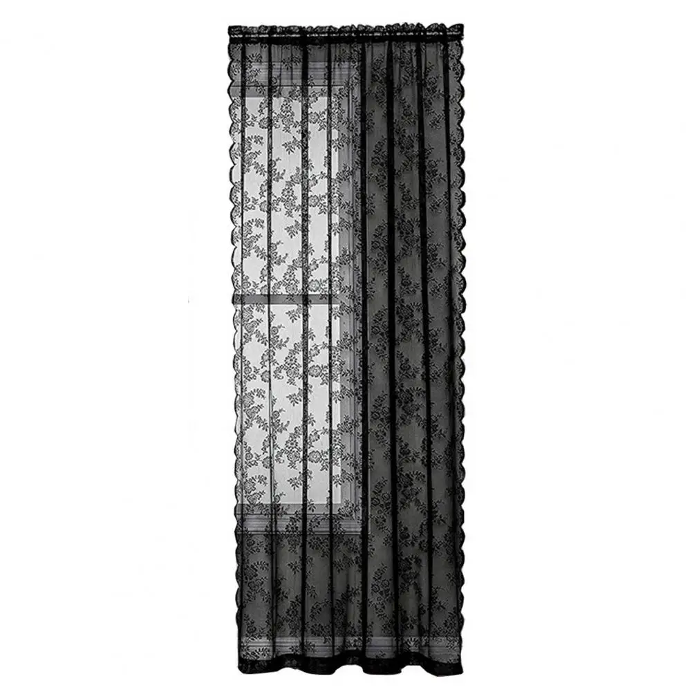 Attractive Dustproof Tear Resistant Window Drape Black Floral Lace Curtain Easy Installation Window Drape Home Supplies