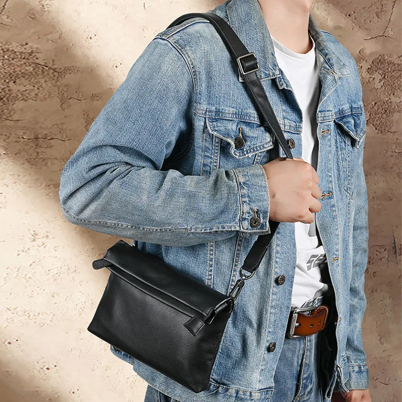 Men's Pebbled Cow Leather Crossbody Bag Fold Over Closure Adjustable Strap Black Casual Streetwear Bag Large Phone Wallet Pouch