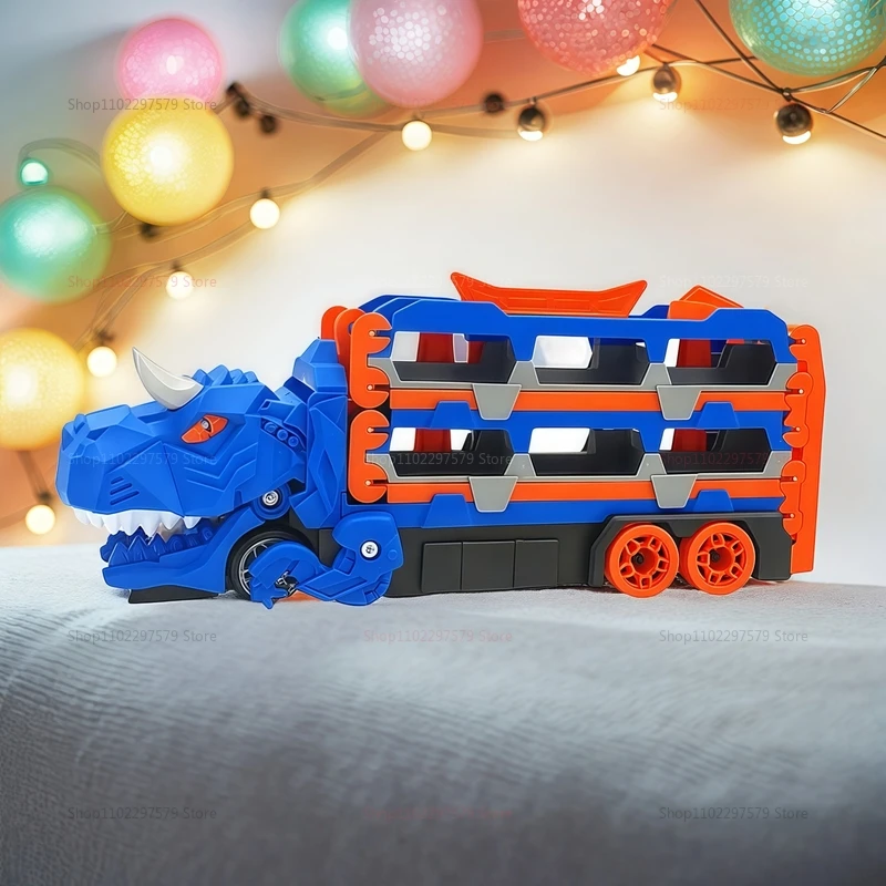شاحنة نقل ديناصور جديدة مع 12 سيارة سباق مصبوبة، تحويل سيارة الديناصور إلى هدايا تيرانوصور واقفة للأطفال