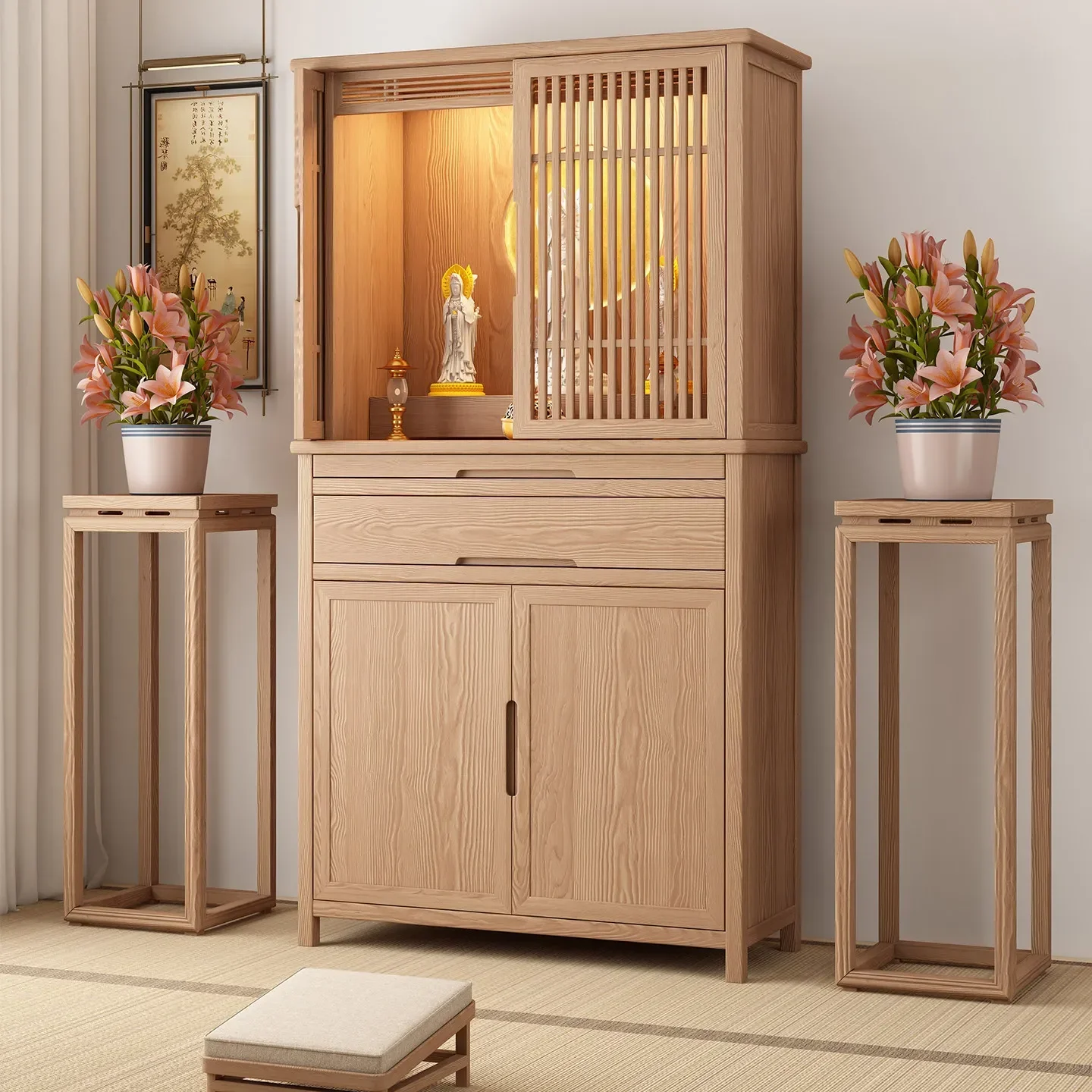Buddhist Niche With Door Standing Cabinet Household New Chinese Buddhist Table Integrated Buddhist Cabinetn29