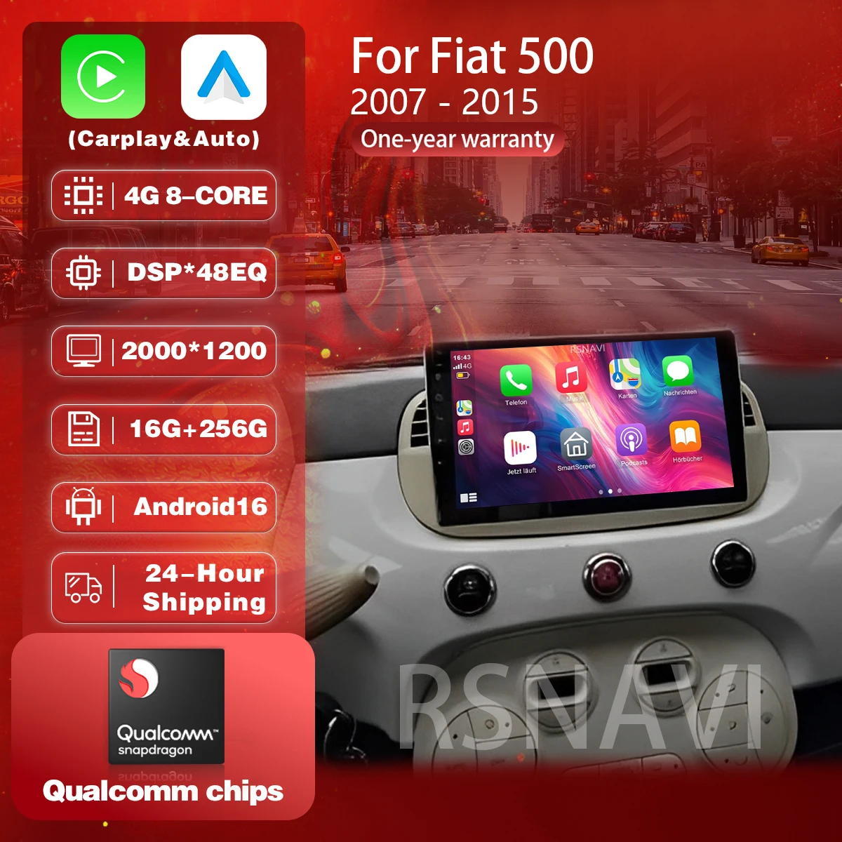 Автомагнитола Android 16 Carplay для Fiat 500 2007-2015 с GPS, Bluetooth, мультимедиа, 2K экраном и управлением с руля