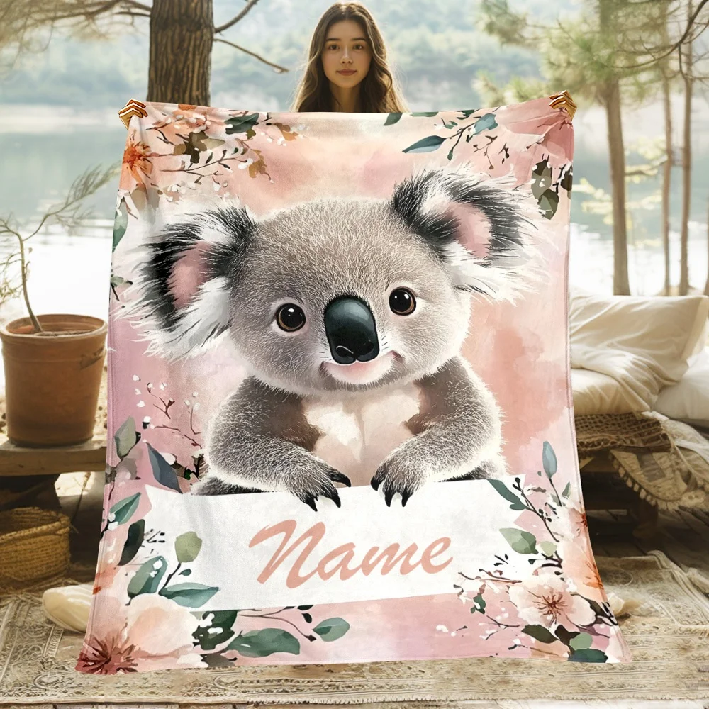 1Pc Cute Koala Pattern Custom Name/Text Flannel Blanket, Soft and Comfortable,Suitable for Office, Home, Holiday Gift
