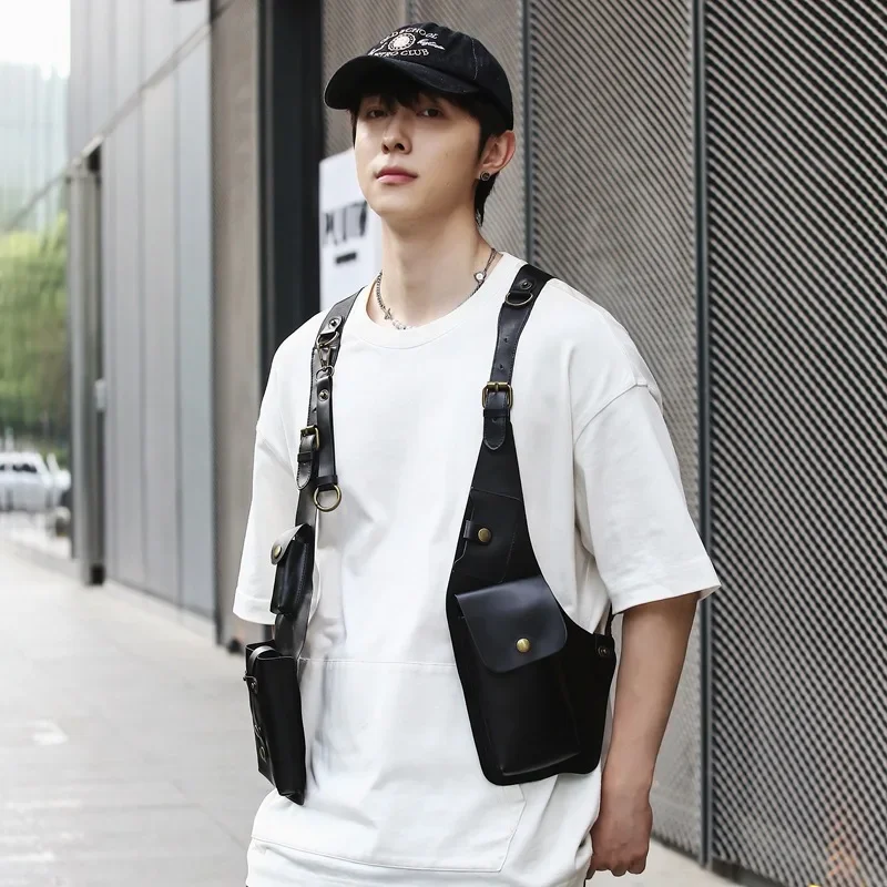 2025 NEW Design Men's Tactical Vest Bag High Quality PU Leather Man Chest bag Phone Pouch Vintage Design Underarm Back Pack Bags