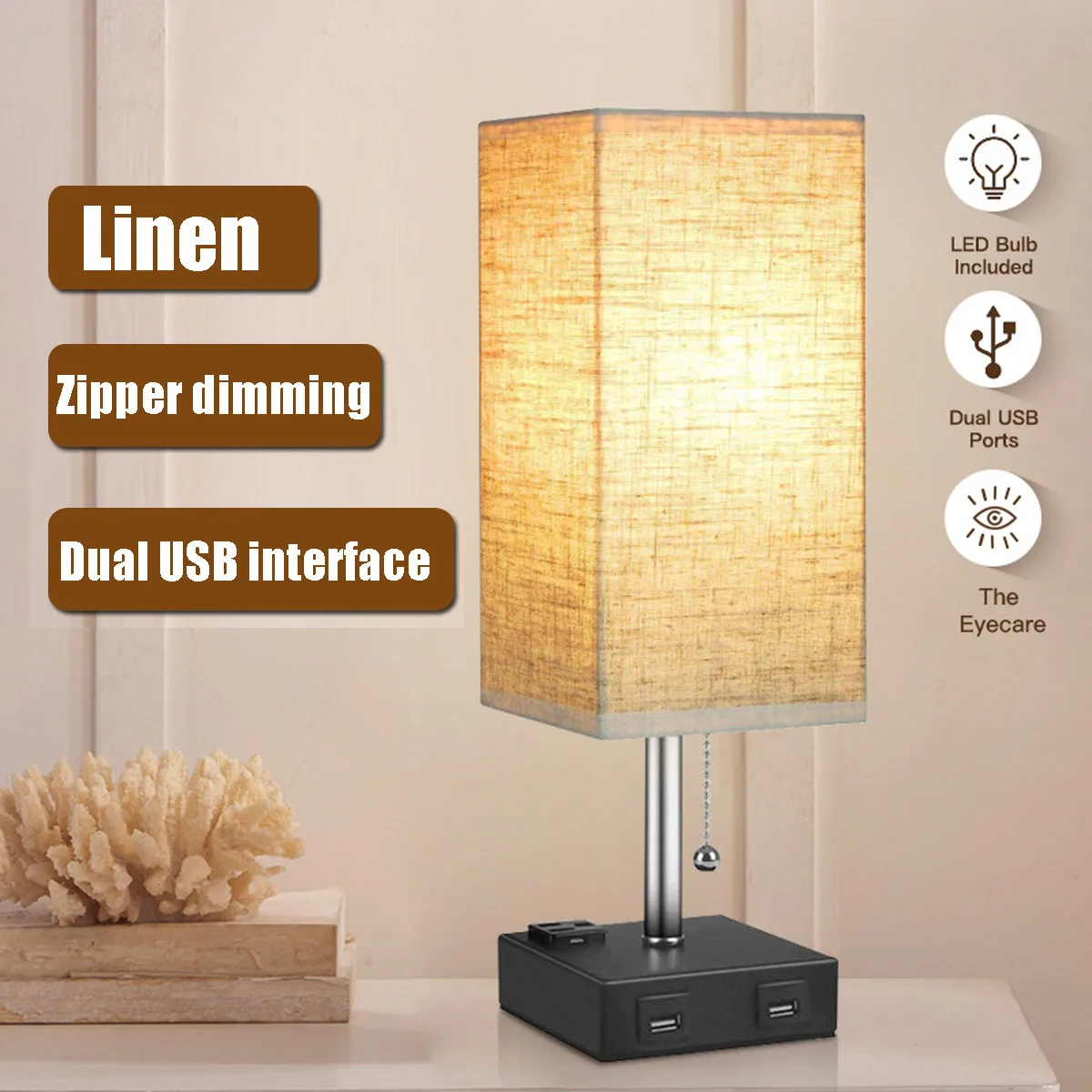 With Dual USB Ports Outlets Fabric Shade Multifutional Bedside Lamp Table Desk Lamp
