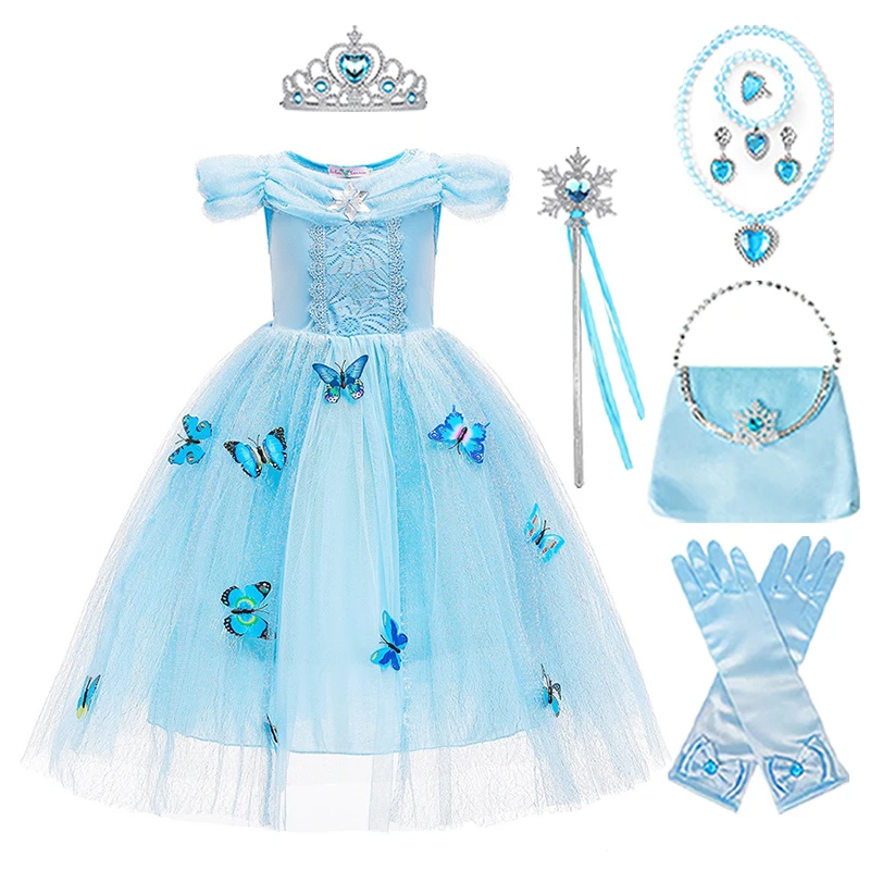 Costume de princesse reine des neiges, robe de princesse Elsa, couronne, baguette magique, sac, collier, bracelet, bague, ensemble de boucles d'oreilles, costume de fête